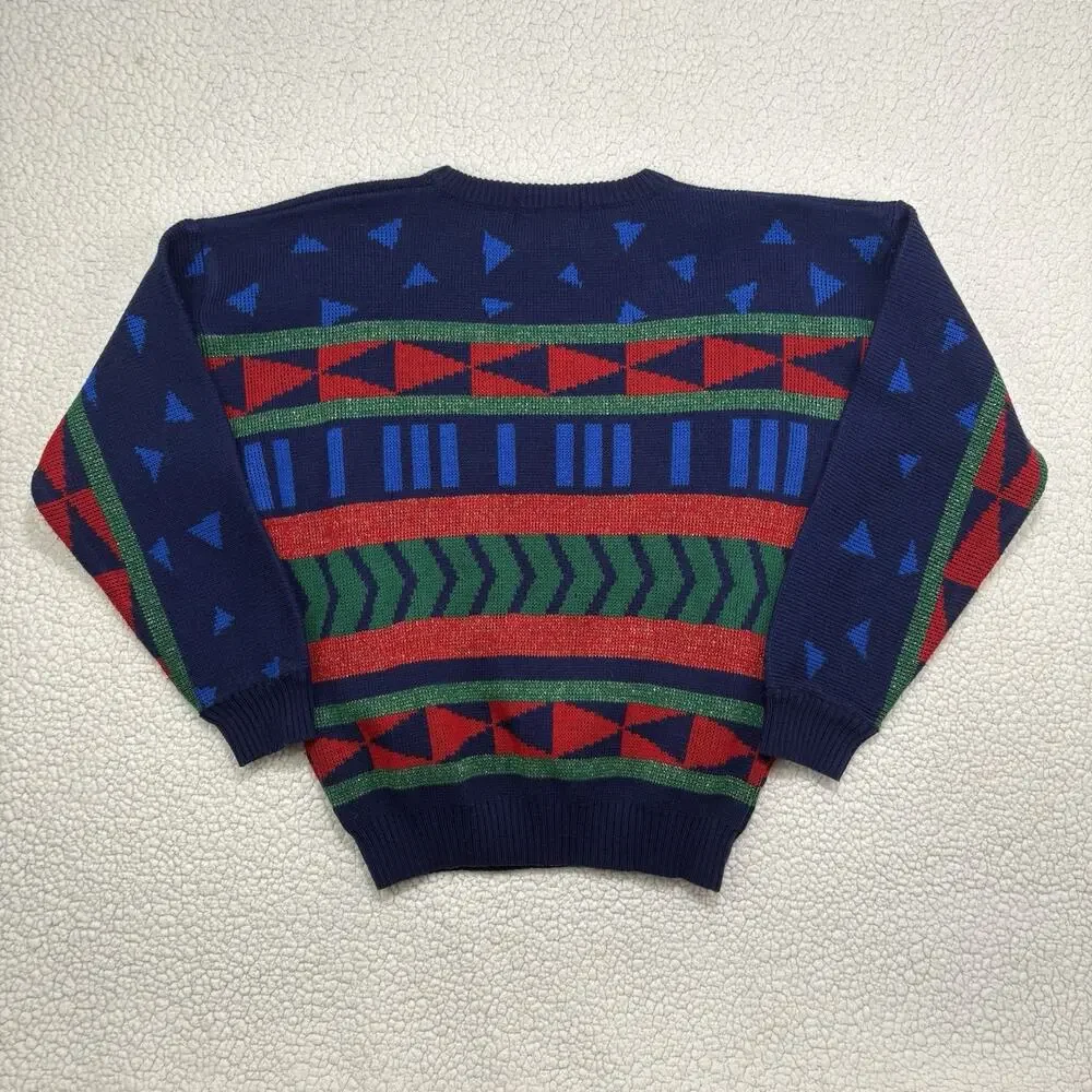 Vintage Mens Geometric Print Sweater Fair‎ Isle Colorful Christmas Metallic Bold